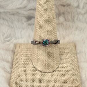 925 Sterling Silver 6mm Round Rainbow CZ Black Rhodium Ring